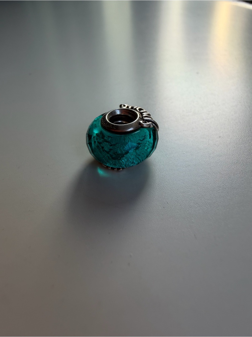 Pandora Teal Crackle Glass Charm with Silver Core